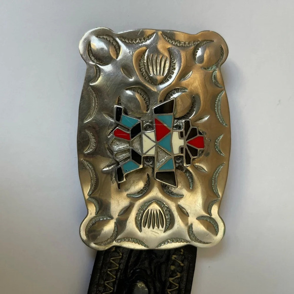 Native American Turquoise Silver Genuine Leather Buckle Tooled Belt black Sz 38 - Picture 3 of 8